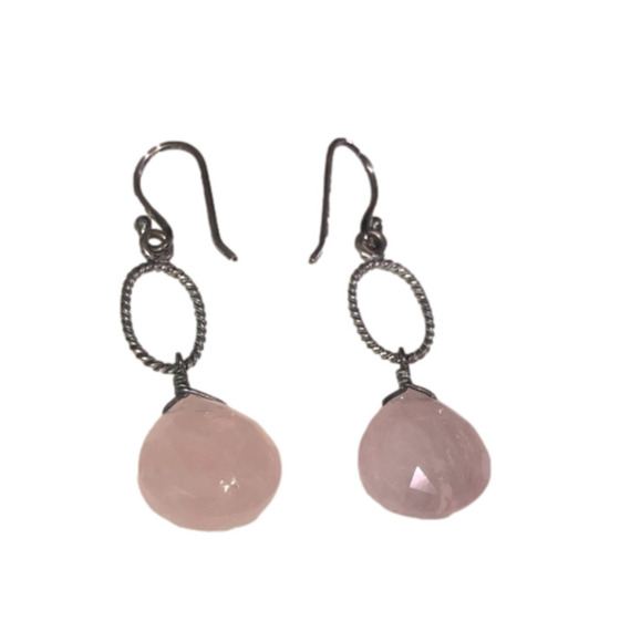 ROSE Quartz Facet Cut Tear Drop Pear Dangle Silver Tone Dangle Earrings 1.7” - Picture 1 of 4